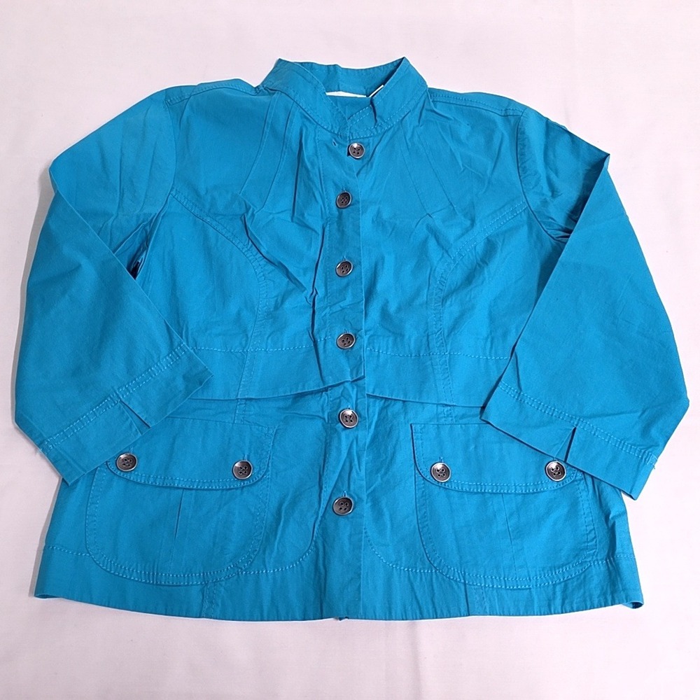 Chico's Button Front Jacket Women 1 US M Turquoise Blue Mock Neck 3/4 Slv Cotton